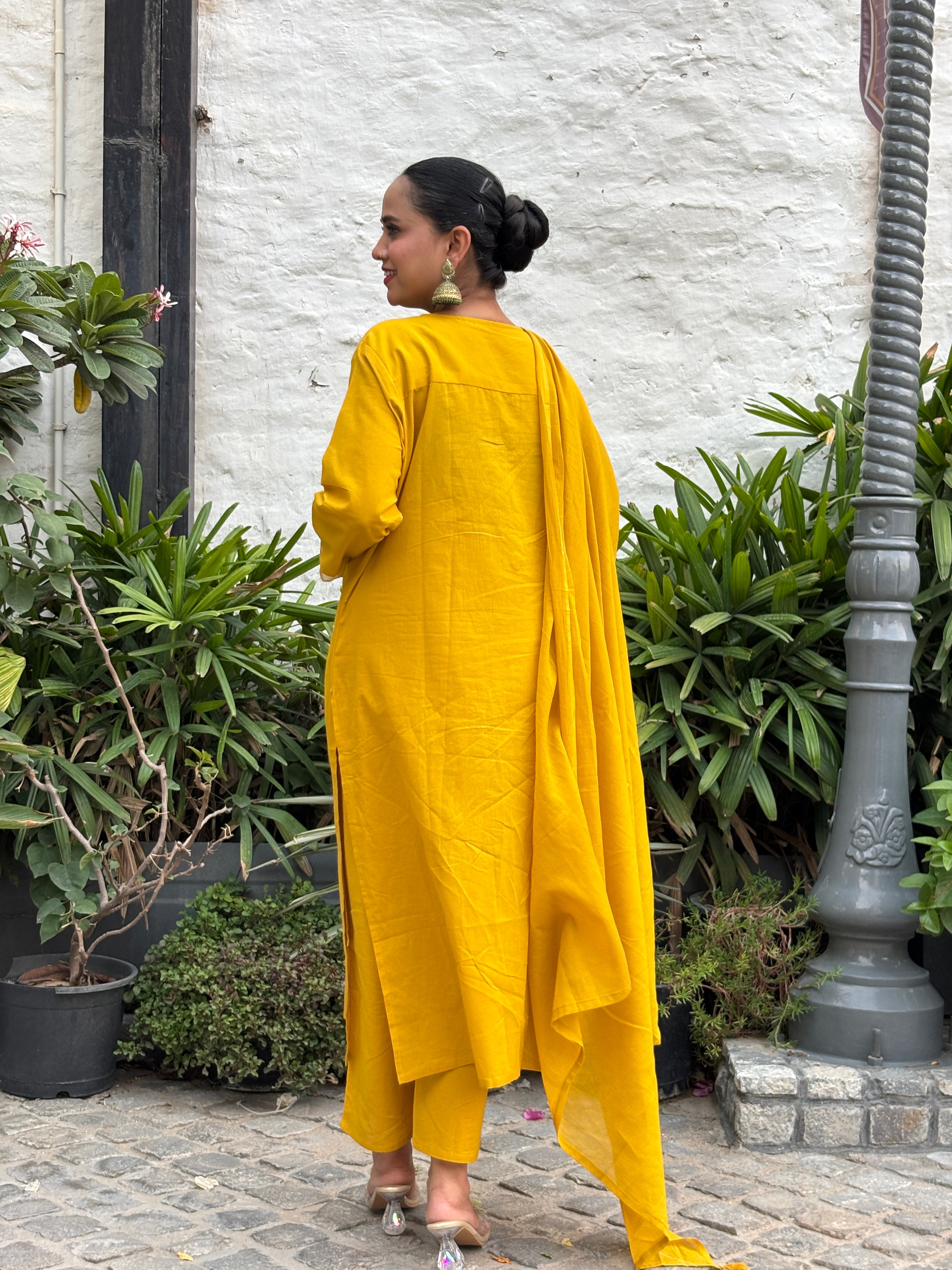 Mustard Yellow Mirror Work Cotton Straight Suit Set