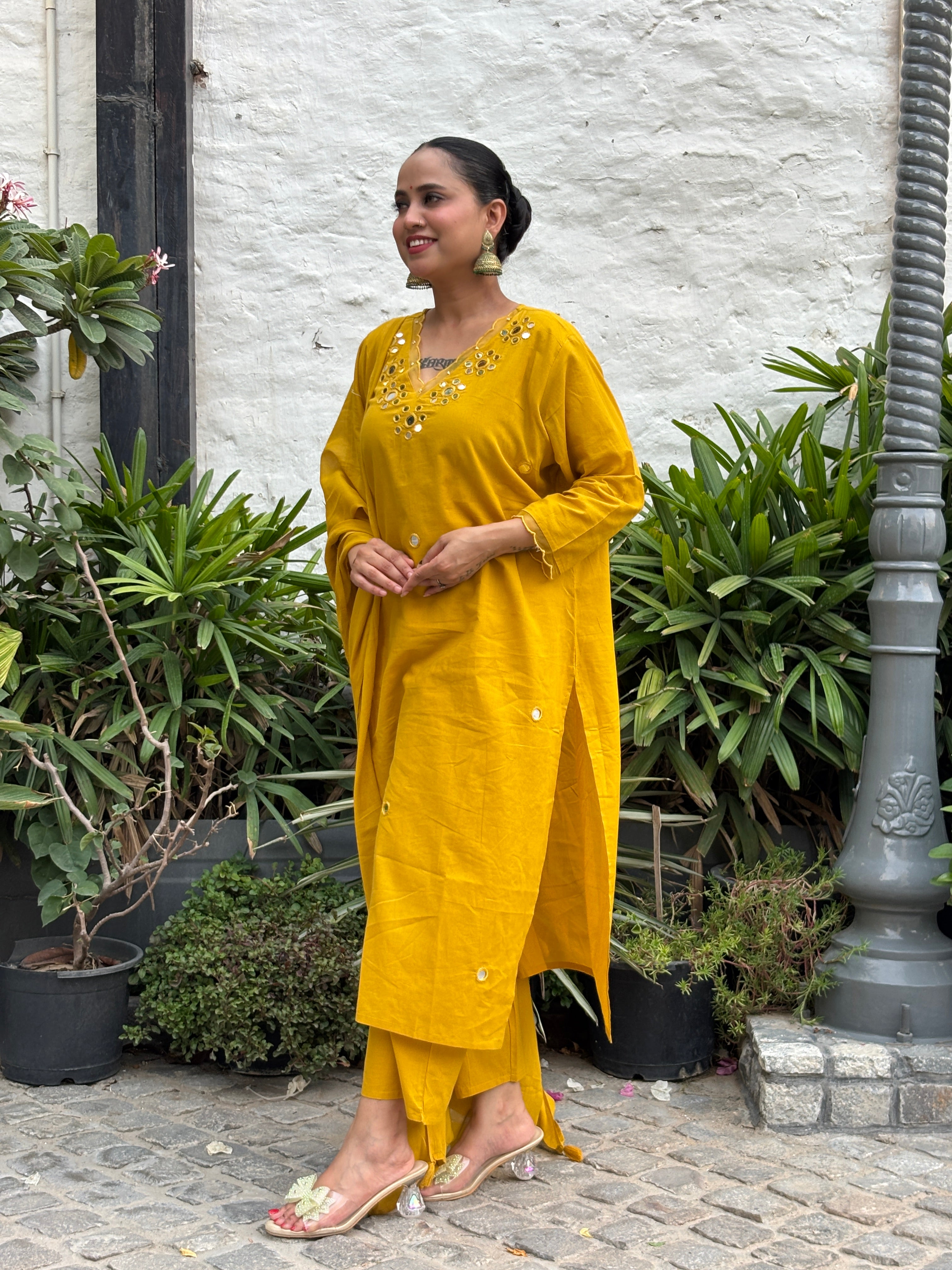 Mustard Yellow Mirror Work Cotton Straight Suit Set