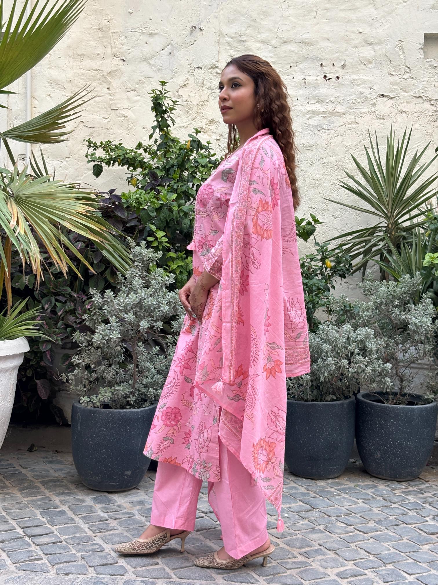 Blush Pink Floral Printed Cotton Suit Set