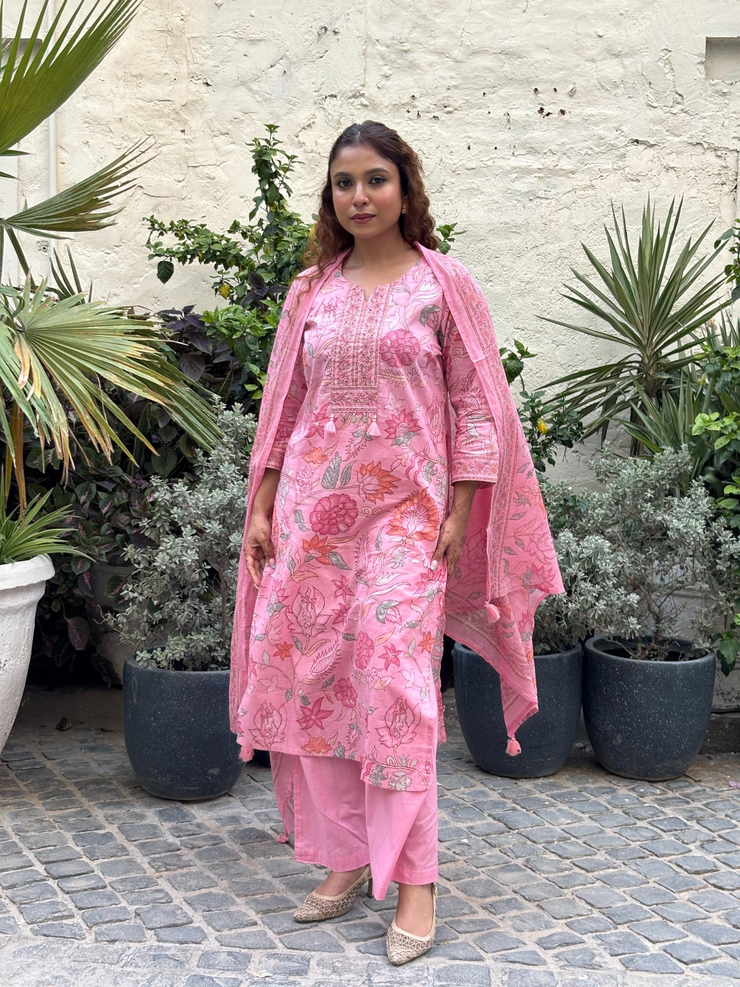 Blush Pink Floral Printed Cotton Suit Set
