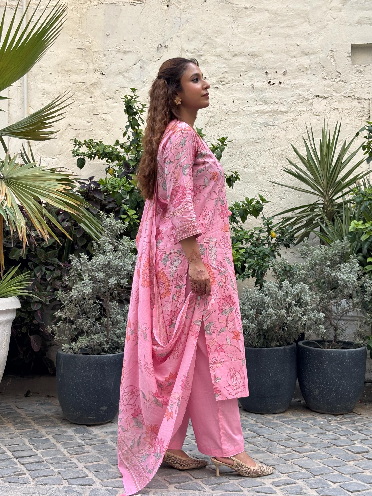 Blush Pink Floral Printed Cotton Suit Set