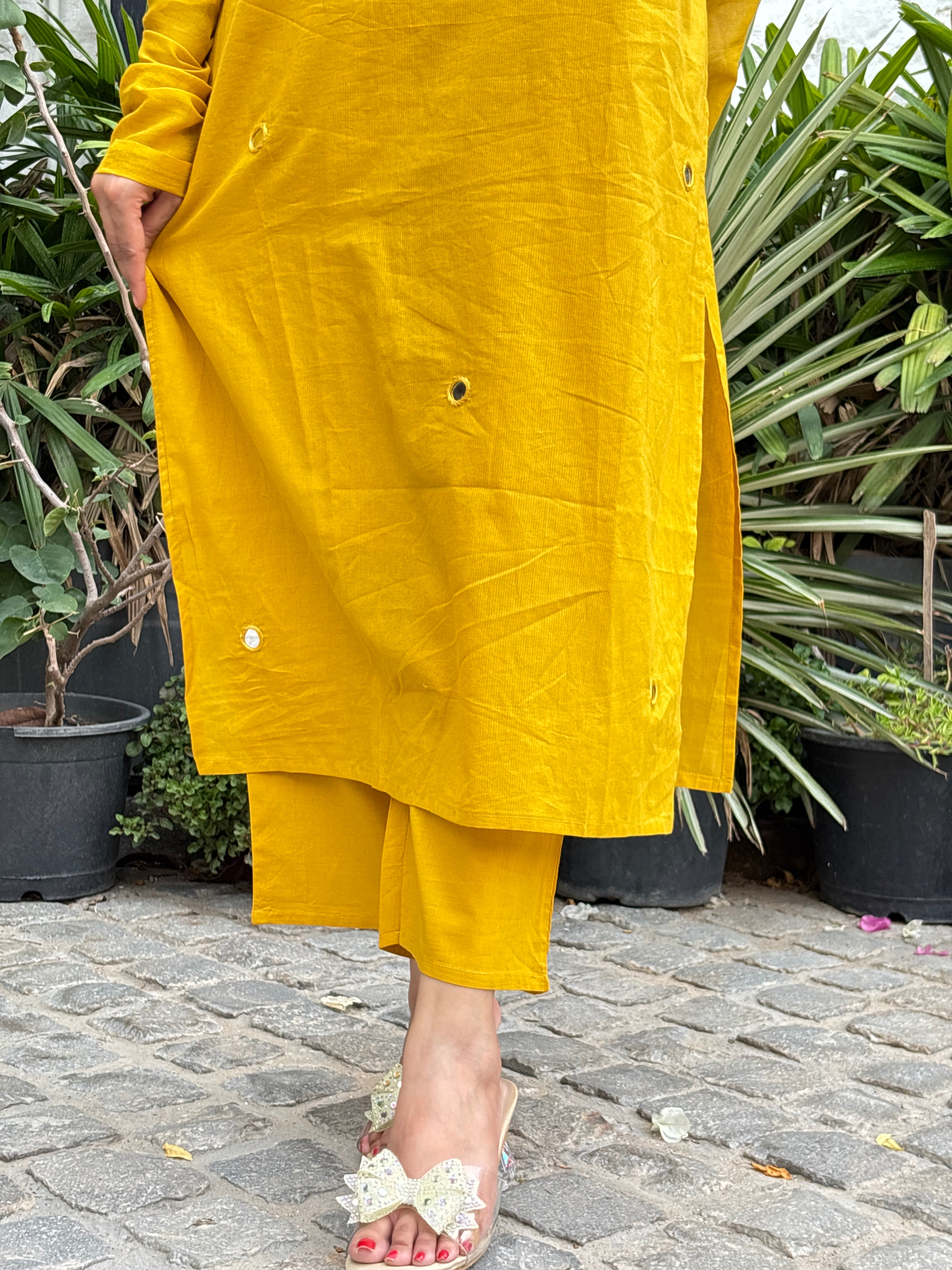 Mustard Yellow Mirror Work Cotton Straight Suit Set