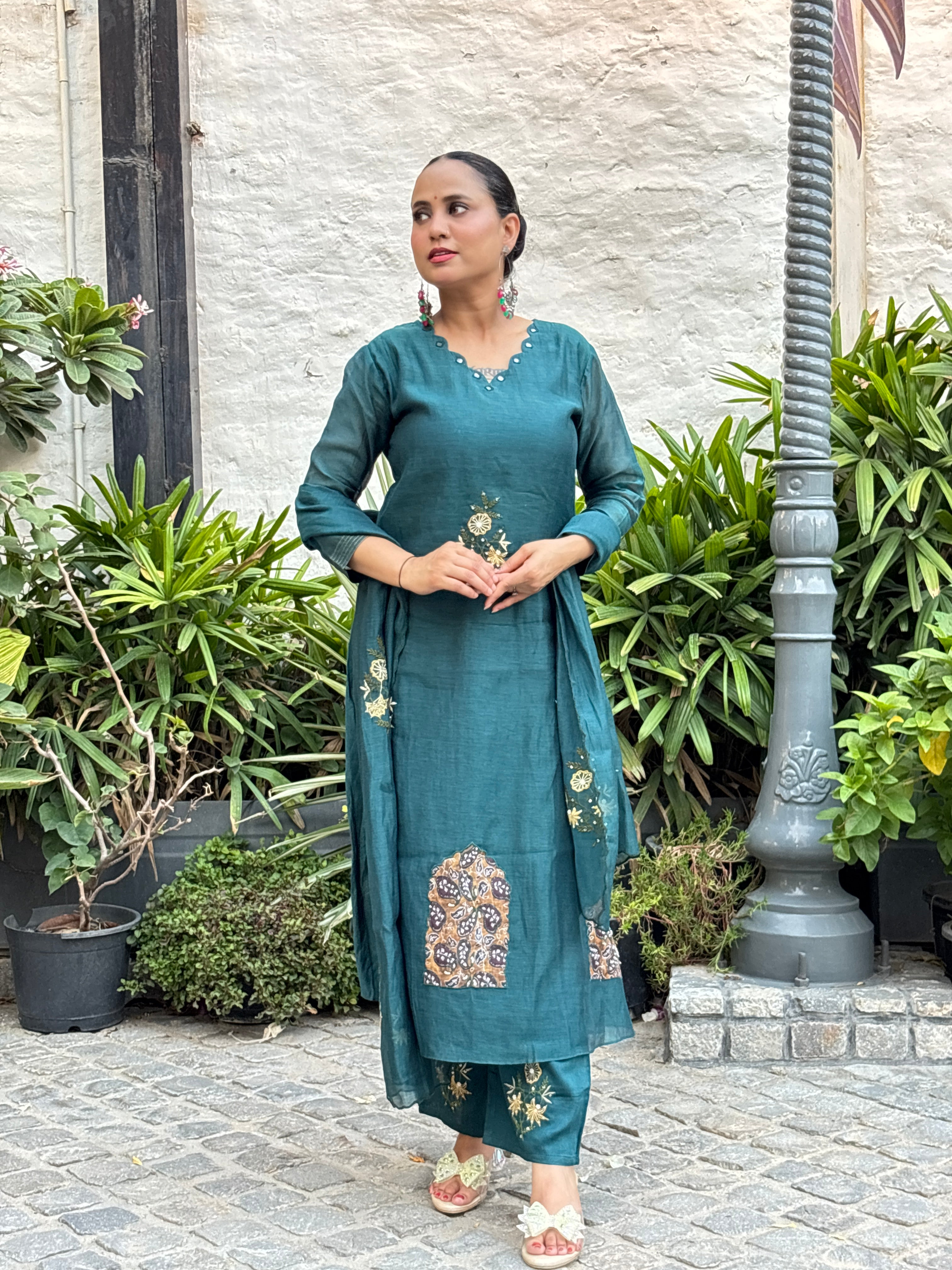 Teal Green Artisanal Embellished Suit Set