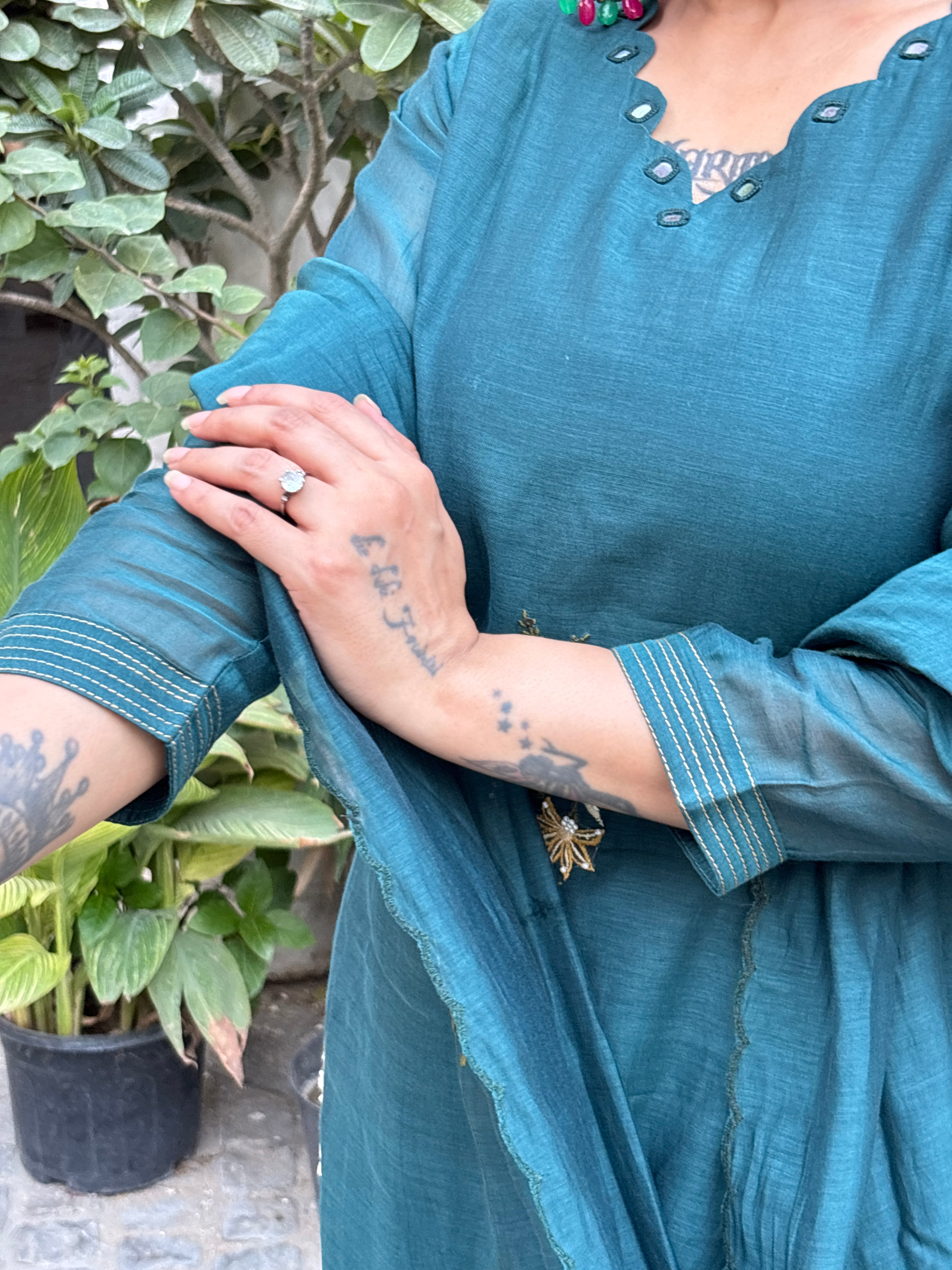 Teal Green Artisanal Embellished Suit Set