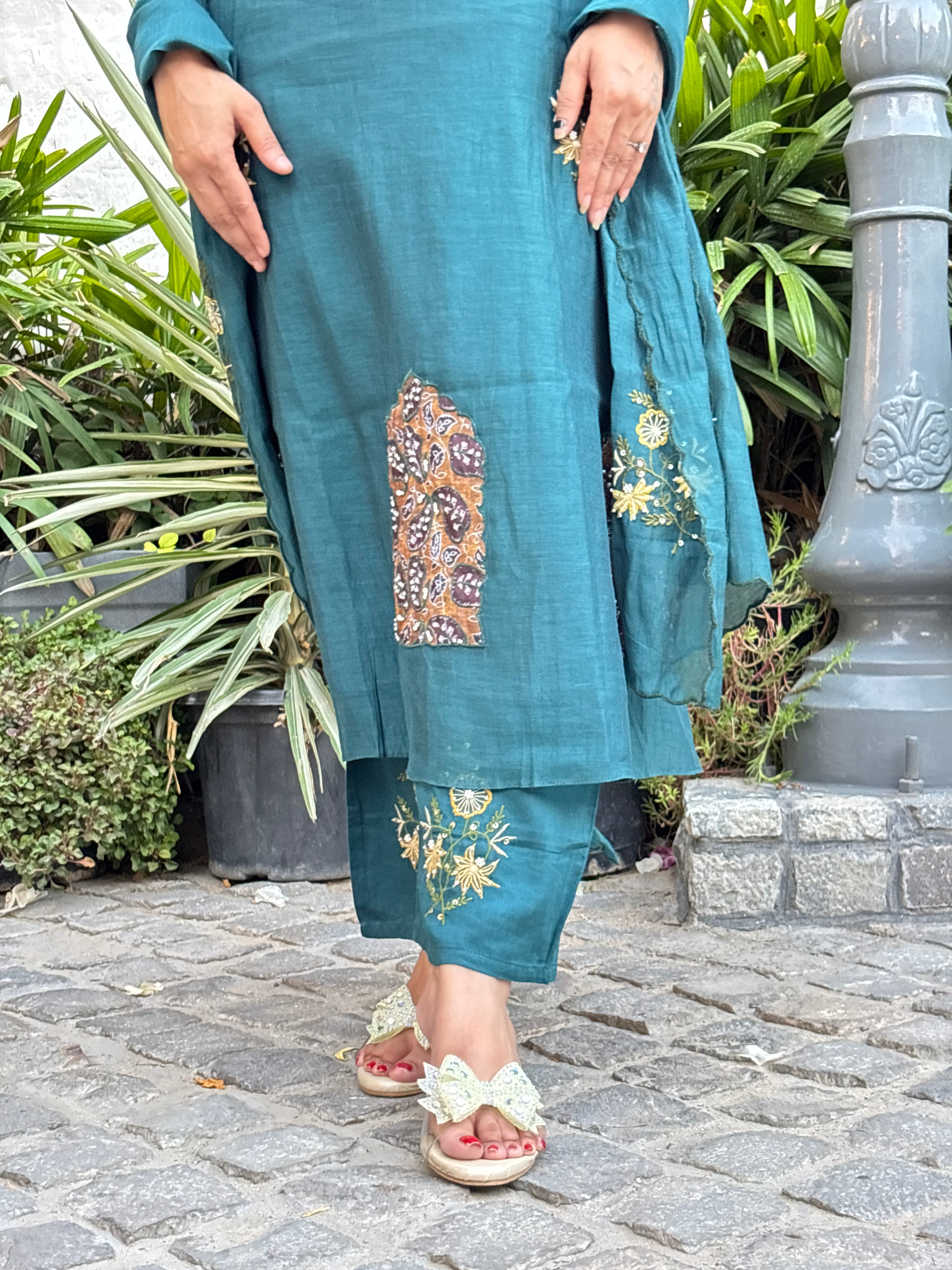 Teal Green Artisanal Embellished Suit Set