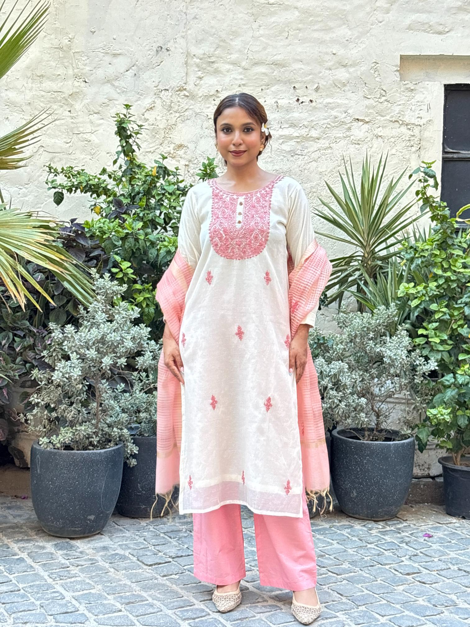 Ivory & Dusty Rose Cotton Ensemble Suit Set