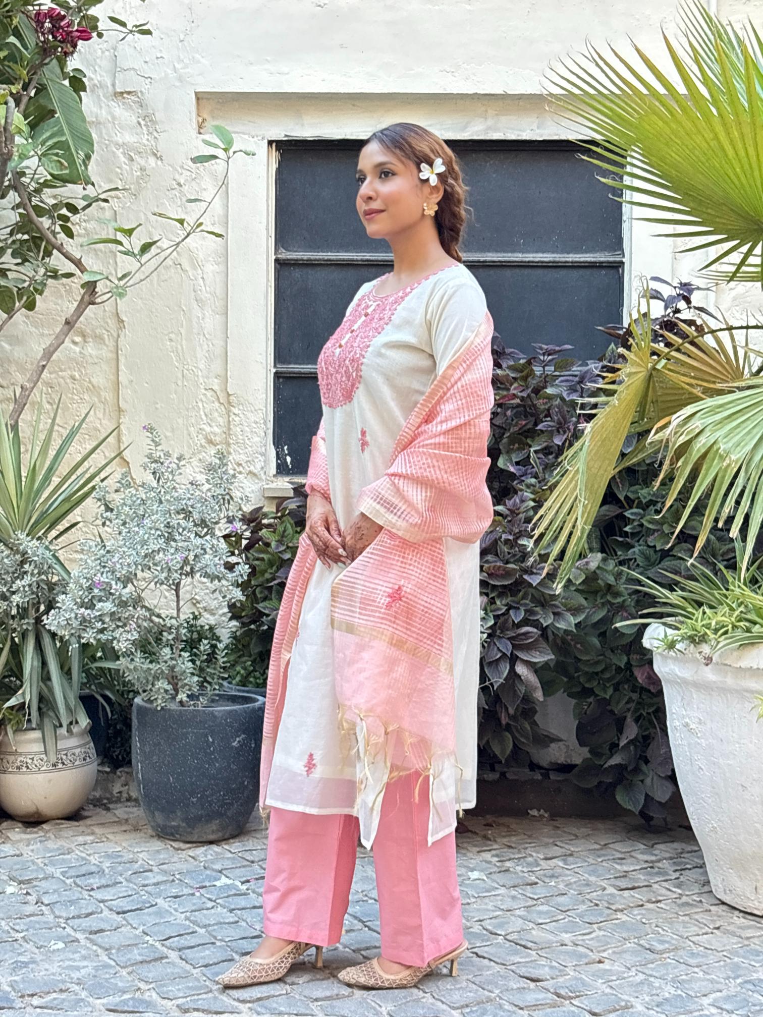 Ivory & Dusty Rose Cotton Ensemble Suit Set