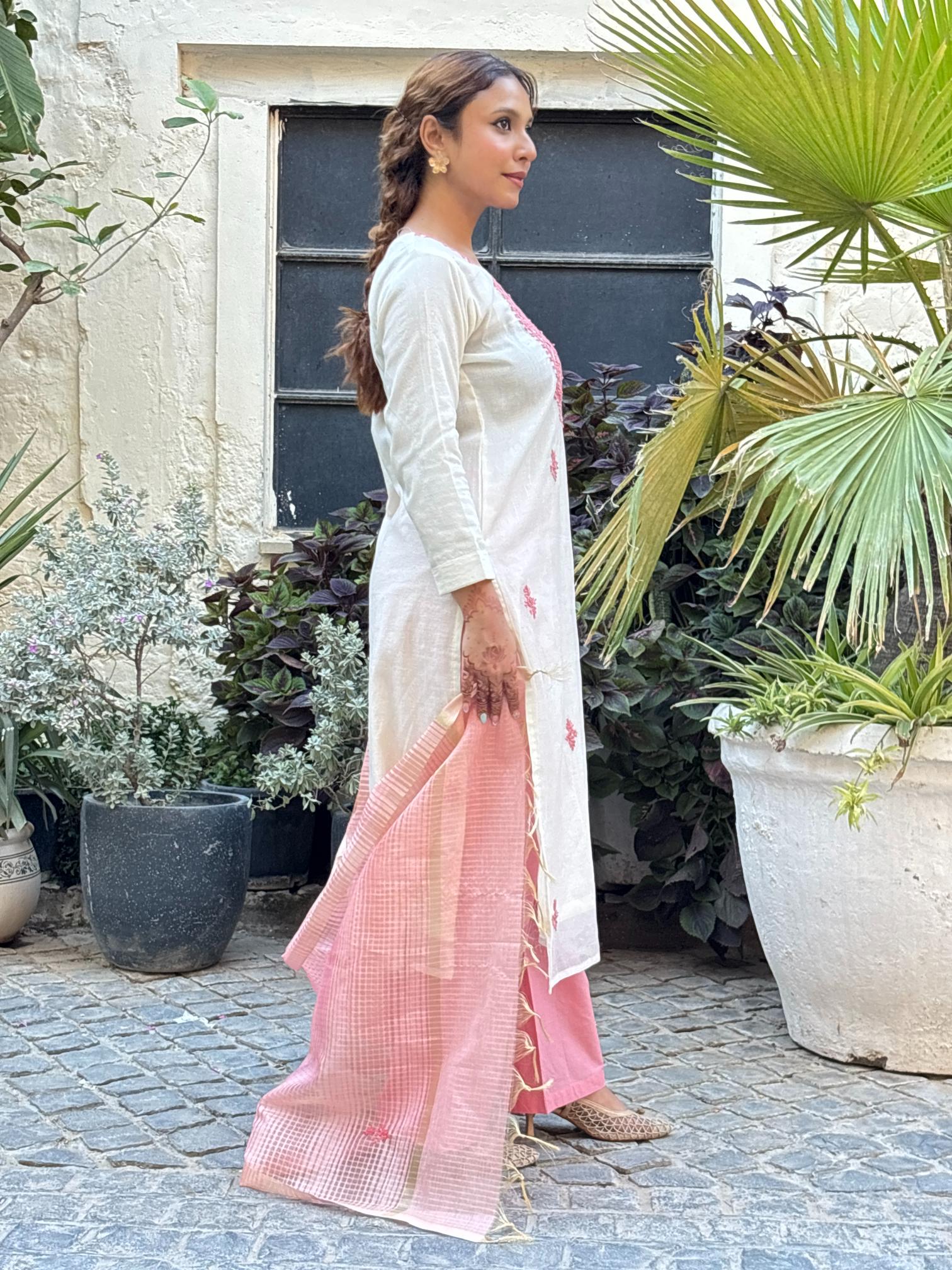 Ivory & Dusty Rose Cotton Ensemble Suit Set