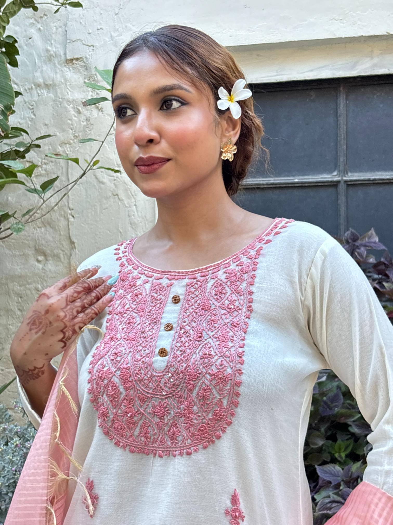 Ivory & Dusty Rose Cotton Ensemble Suit Set