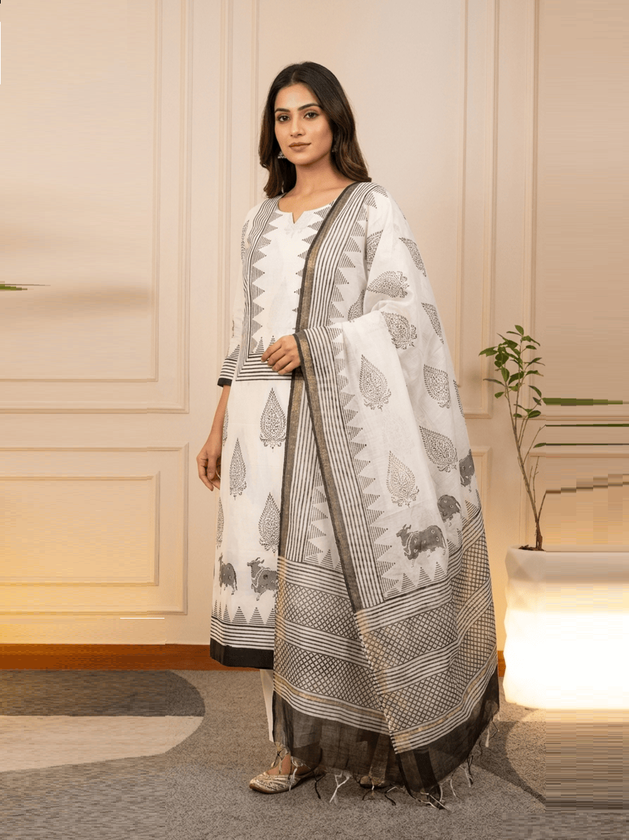 Monochrome Pichwai Inspired Hand-Block Print Unstitched Suit Set