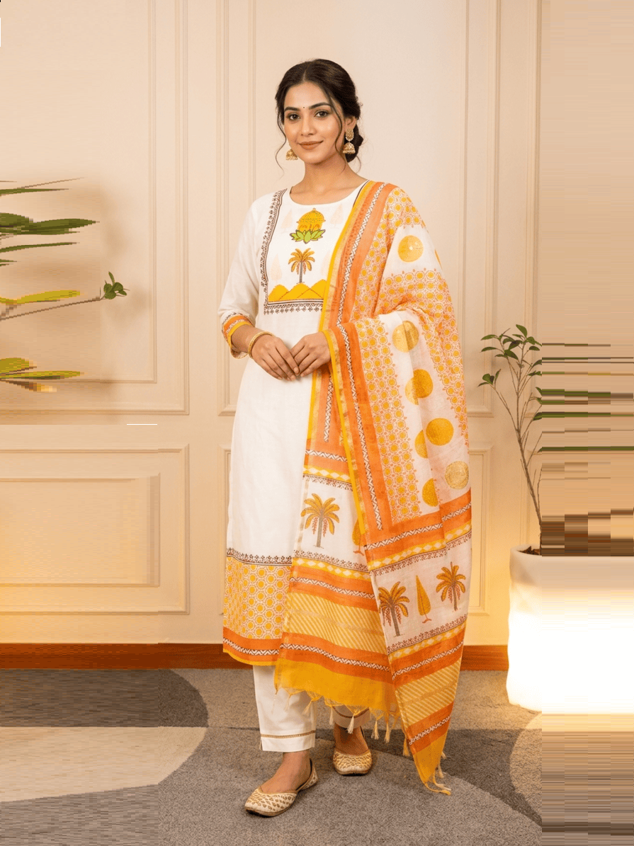Sunrise Yellow Hand-Block Printed Chanderi Unstitched Suit Set