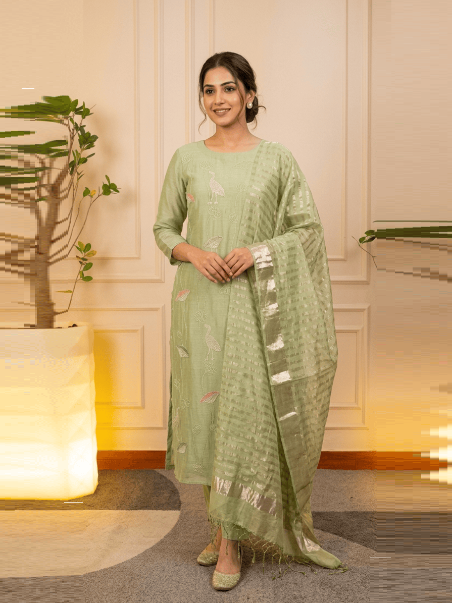 Sage Green Embroidered Chanderi Silk Unstitched Suit Set