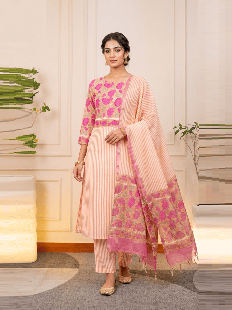 Peachy-Pink Floral Aari Work Unstitched Chanderi Suit Set