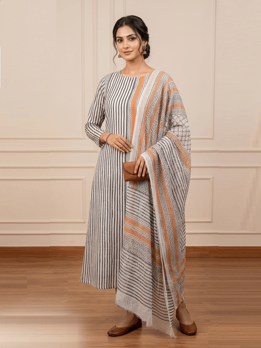 Modern Monochrome & Ochre Striped Unstitched Suit Set