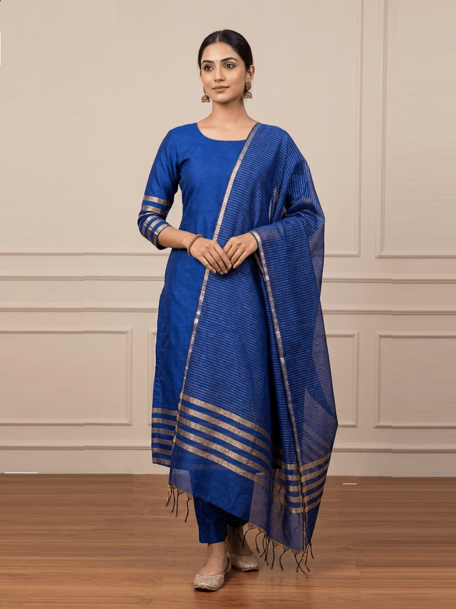 Royal Blue Chanderi Silk Unstitched Suit Set