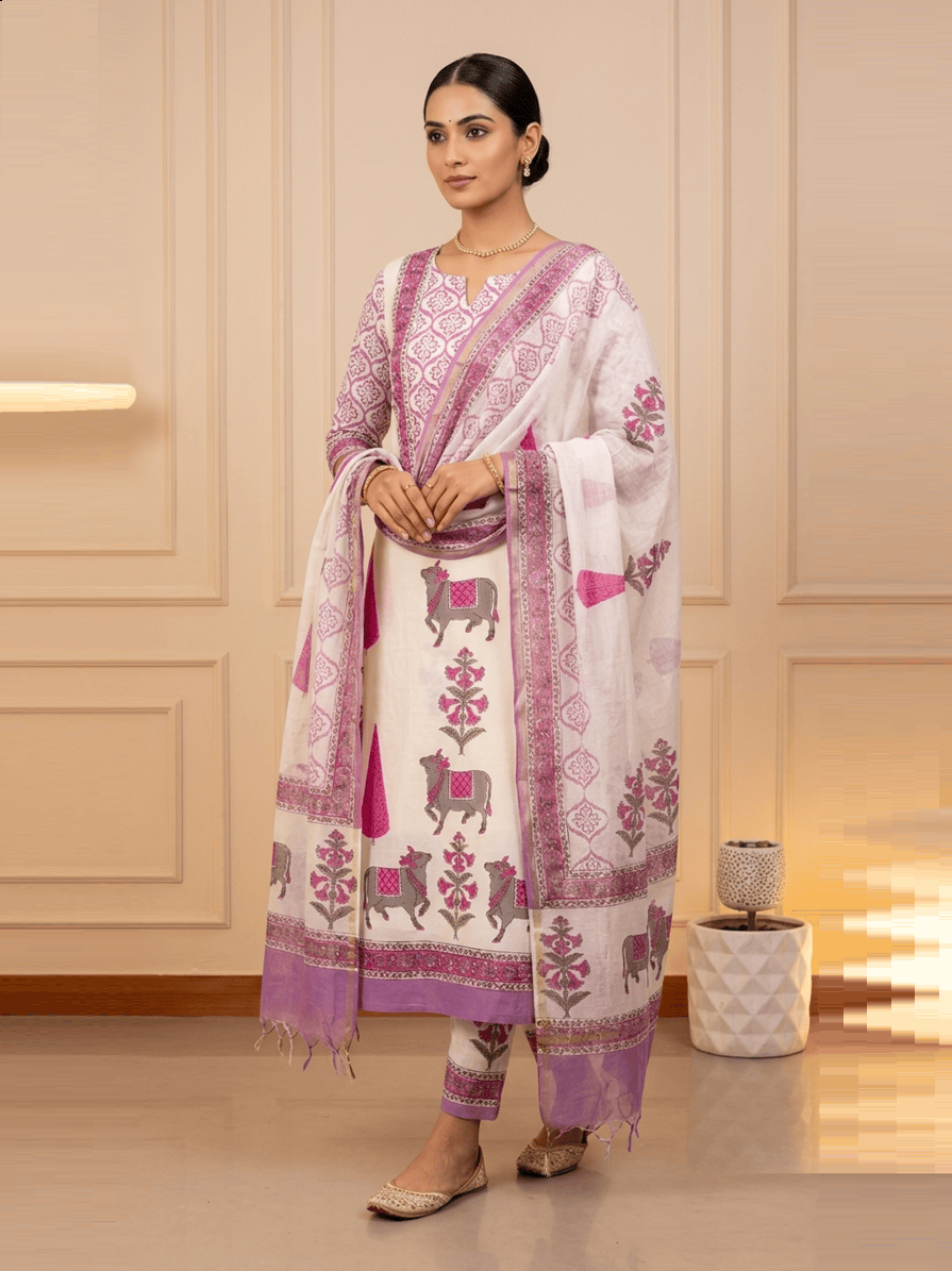 Pichwai Inspired Floral & Nandi Print Unstitched Suit Set