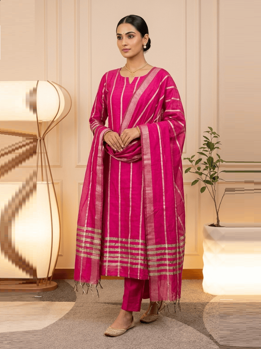 Magenta Chanderi Silk Unstitched Suit Set