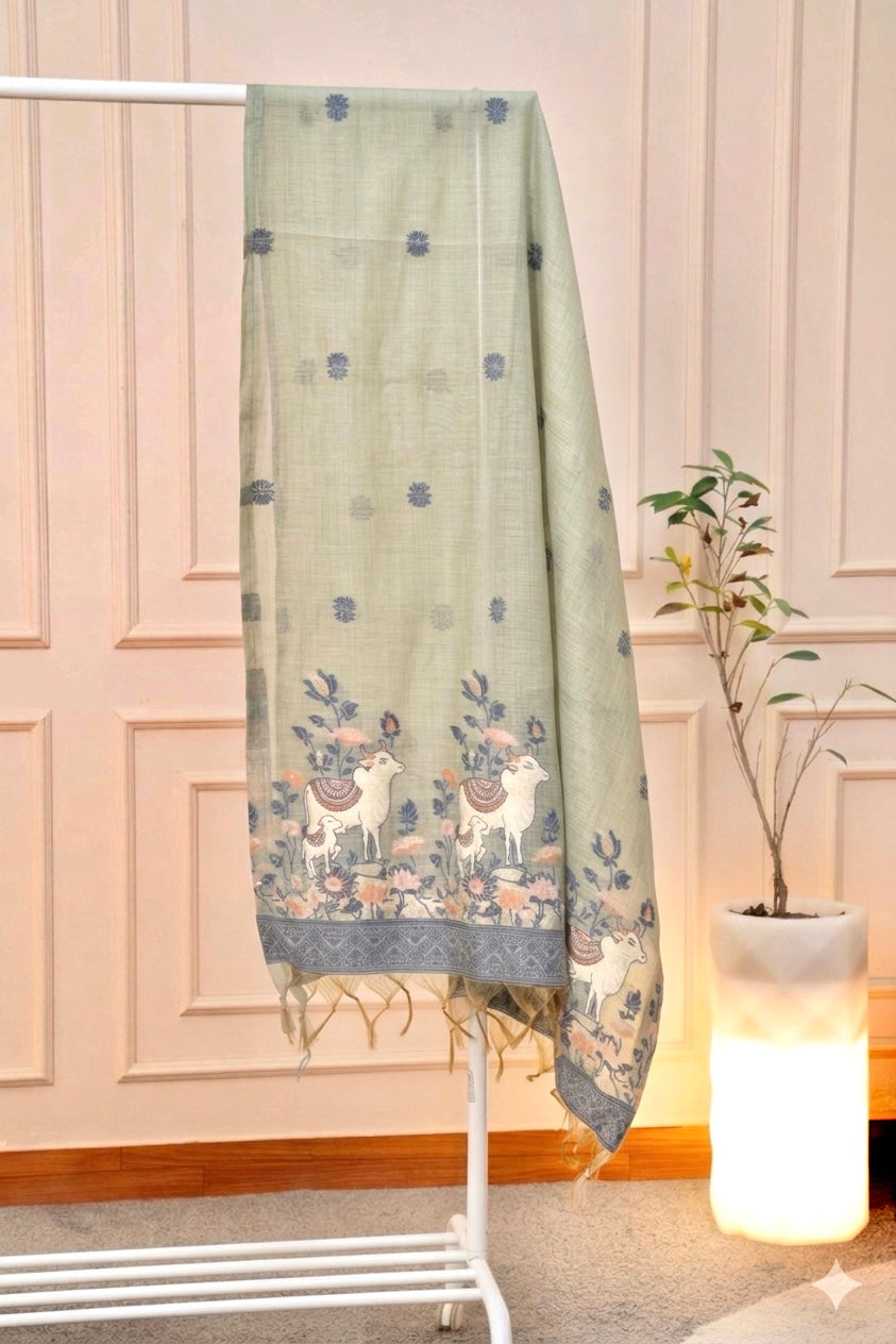 Pichwai-Inspired Sage Green Cotton-Silk Unstitched Suit Set