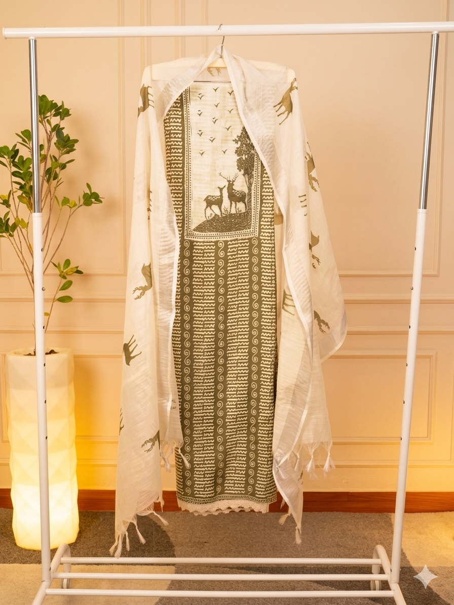 Handcrafted Olive Green & Ivory Cotton-Silk Suit Set