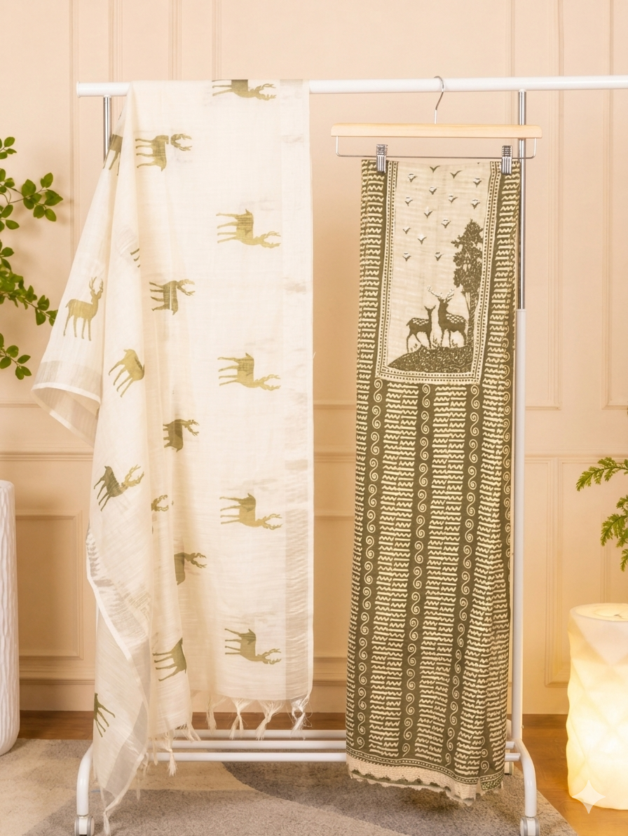 Handcrafted Olive Green & Ivory Cotton-Silk Suit Set