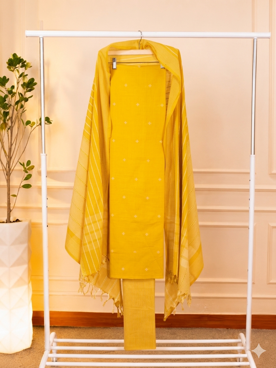 Cherful Mustard Yellow Handloom Cotton Unstitched Suit Set