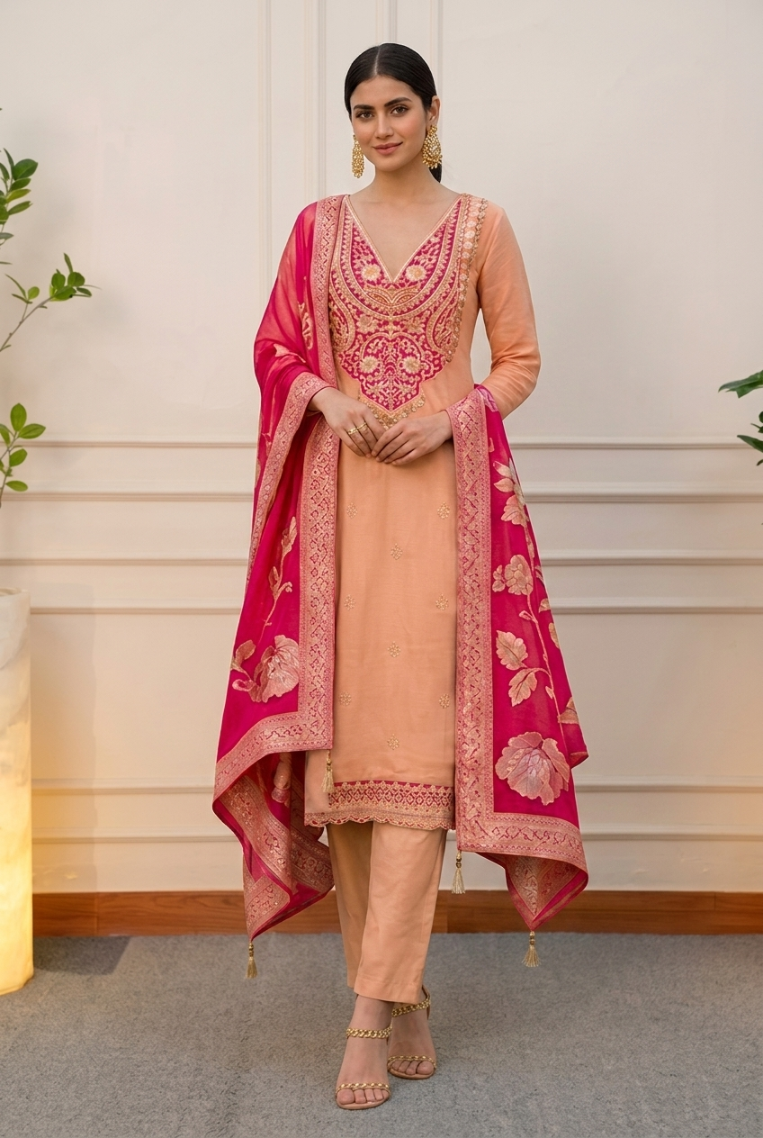 Elegant Peach Unstiched Suit Set