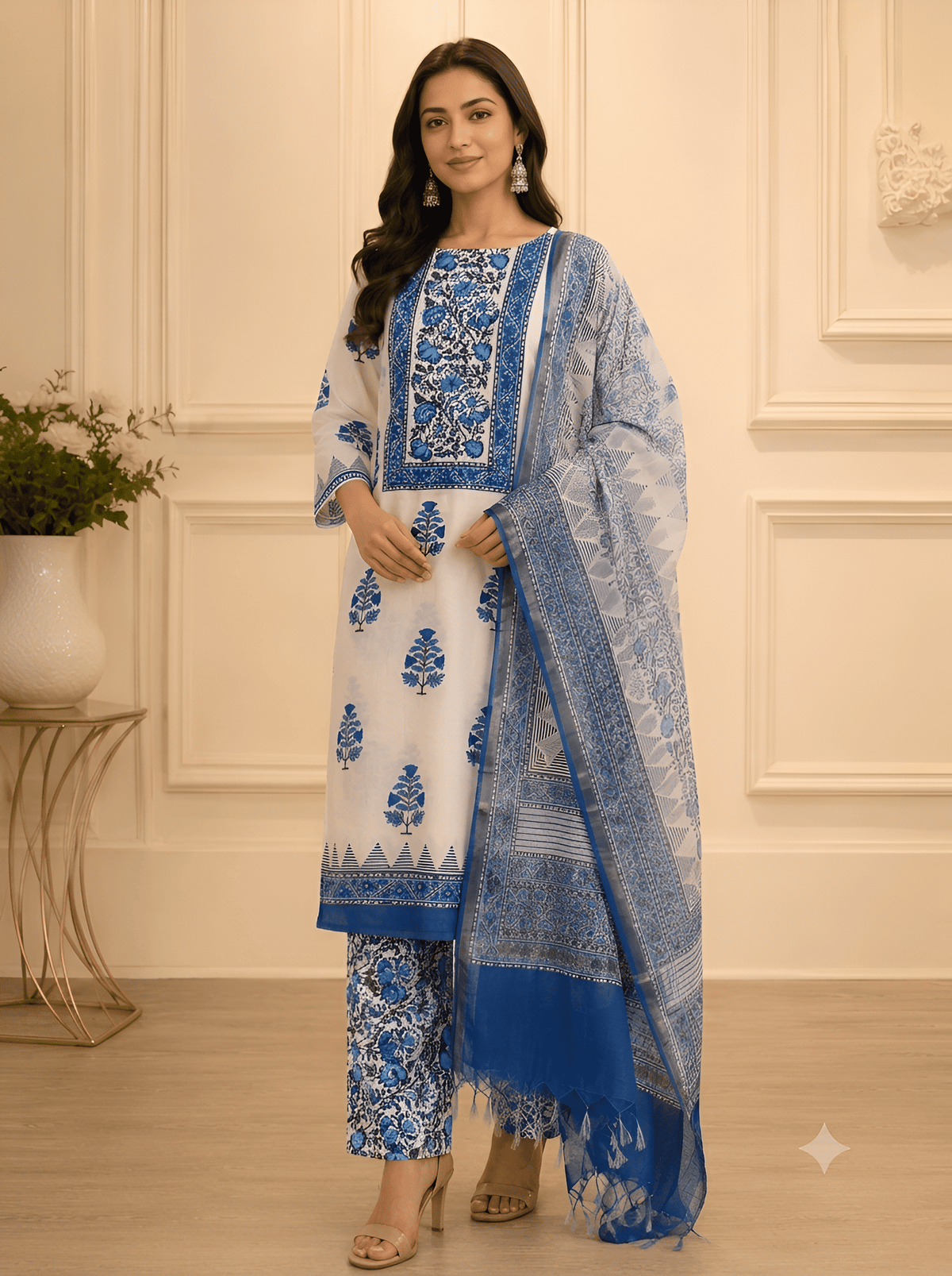 Indigo Block Print Cotton Suit Set with hand-printed buta motif – Jiashaanti