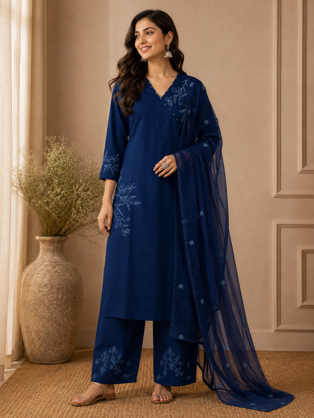 Indigo blue 3-piece embroidered cotton-linen angrakha suit set with embroidered angrakha kurta matching pants and dupatta for women