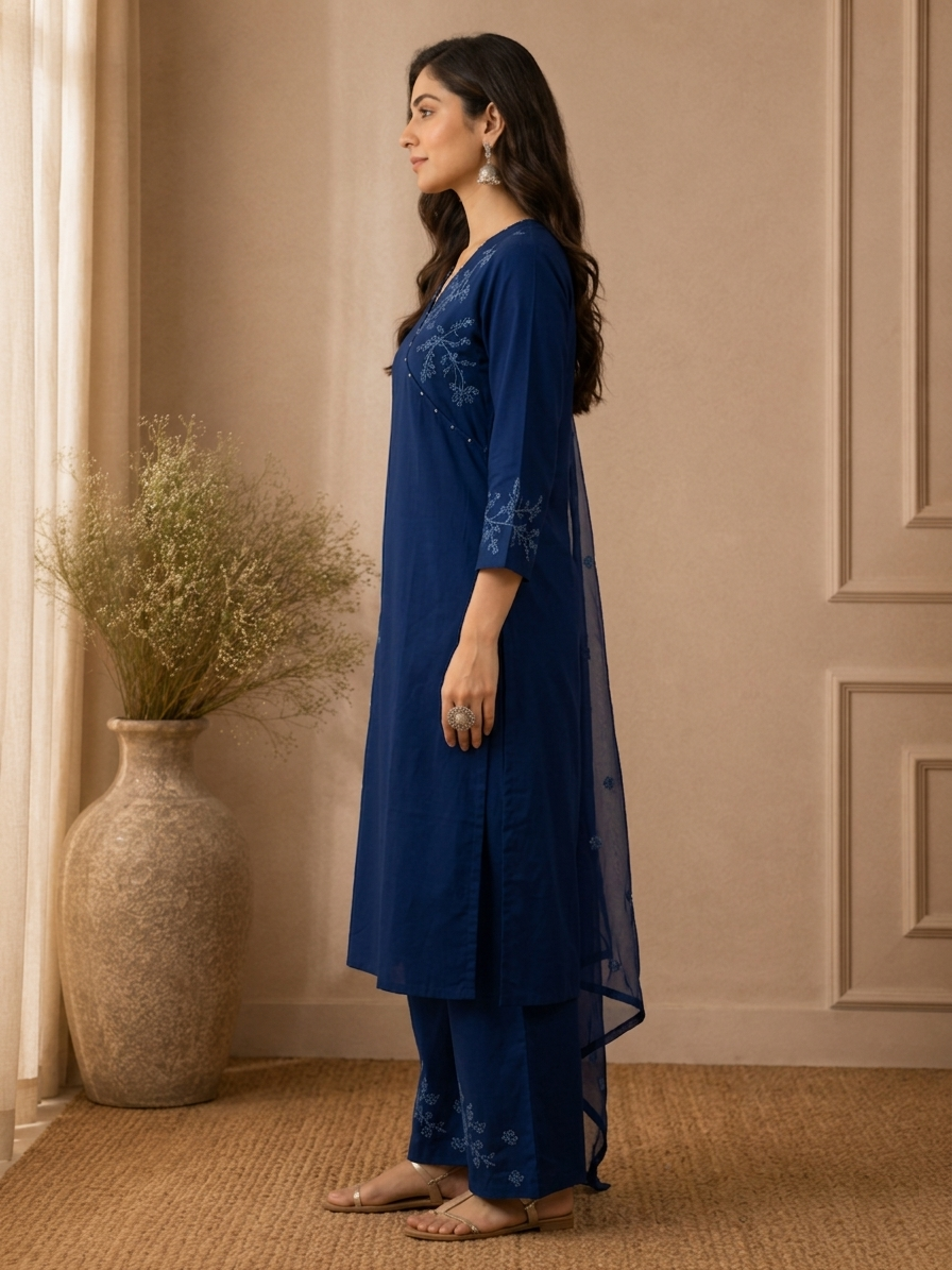 Side view of indigo blue cotton-linen angrakha kurta showing diagonal overlap panel embroidered border and relaxed structured silhouette