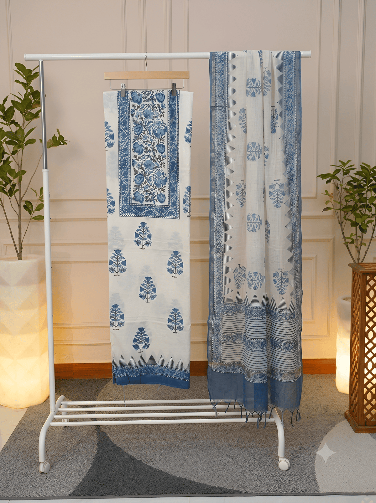 Hand Block Printed Indigo Buta Motif Cotton Suit Set – Jiashaanti