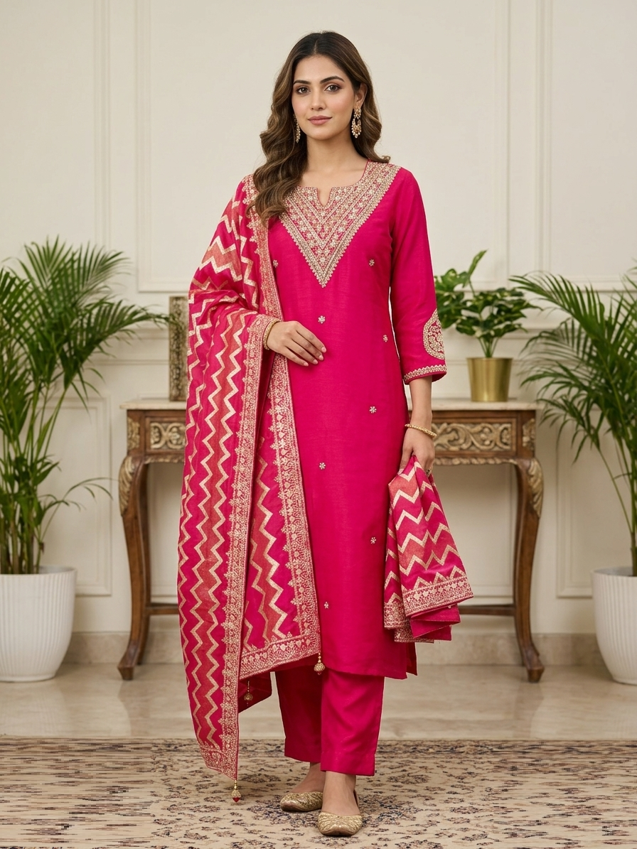 Luxe Chanderi & Zardosi Opulent Stitched Suit Set front view featuring intricate zardosi embroidery, premium Chanderi fabric and elegant ethnic design