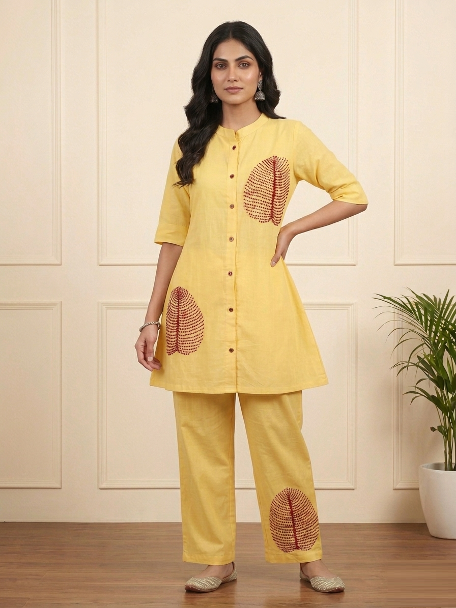 Marigold Yellow mul cotton co-ord set — close-up of hand-stitched French knot floral and leaf embroidery motifs by skilled artisans on breathable cotton fabric