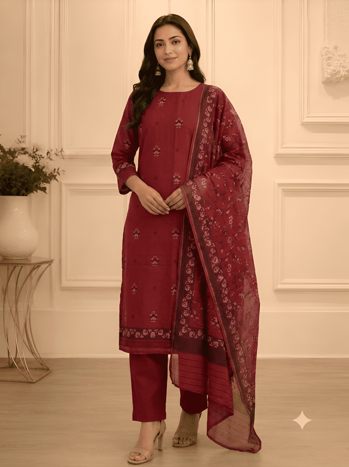 Maroon Floral Unstitched Silk Suit Set – Front View – Jiashaanti
