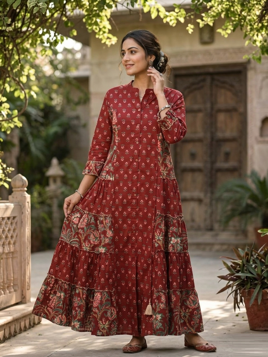 Maroon Layered Cotton Ensemble Frock Suit front view featuring rich maroon color, elegant layered silhouette and premium cotton fabric | Jiashaanti