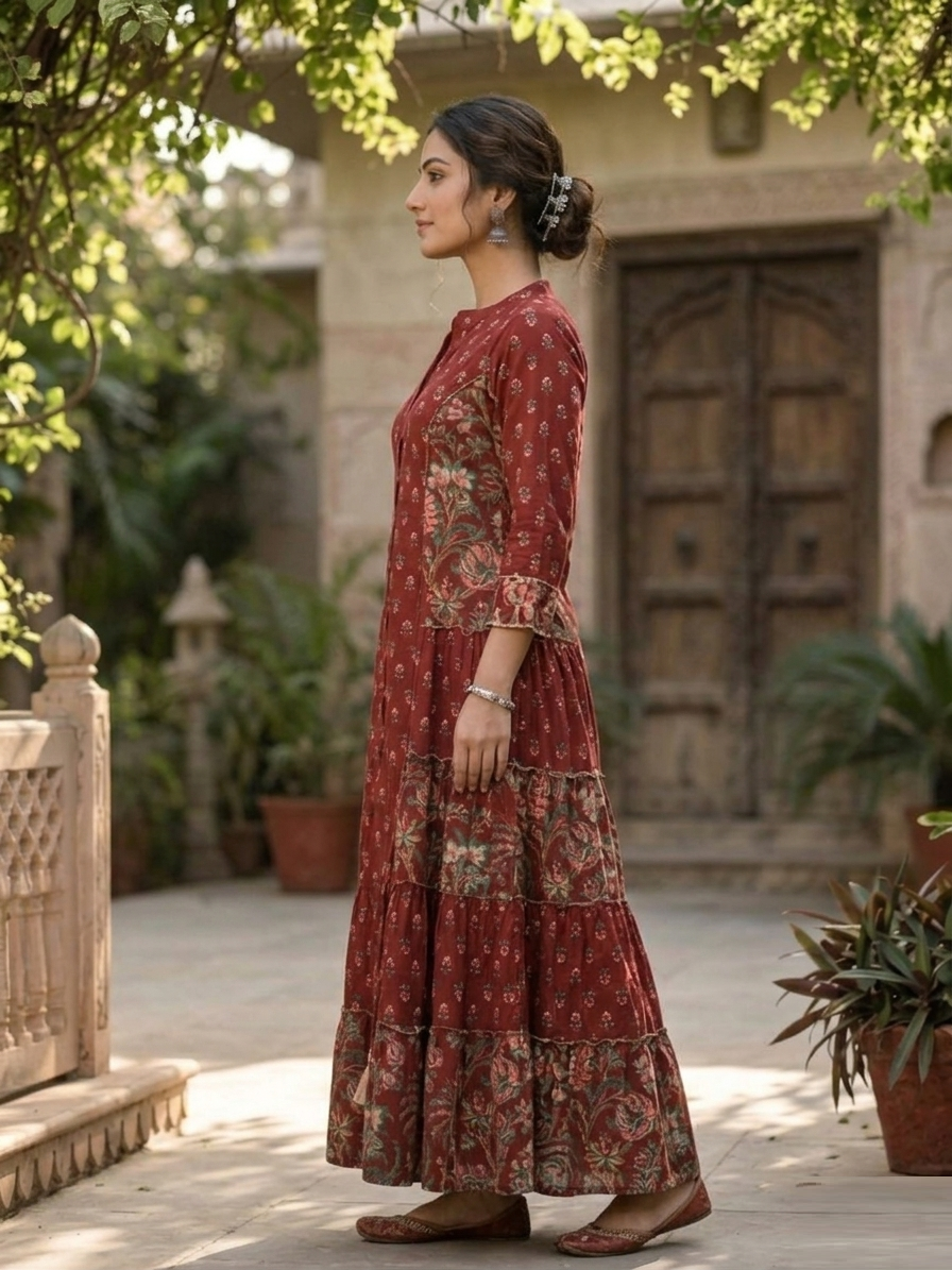 Maroon Layered Cotton Ensemble Frock Suit side view highlighting beautiful layered drape, rich maroon tone and lightweight cotton ensemble | Jiashaanti