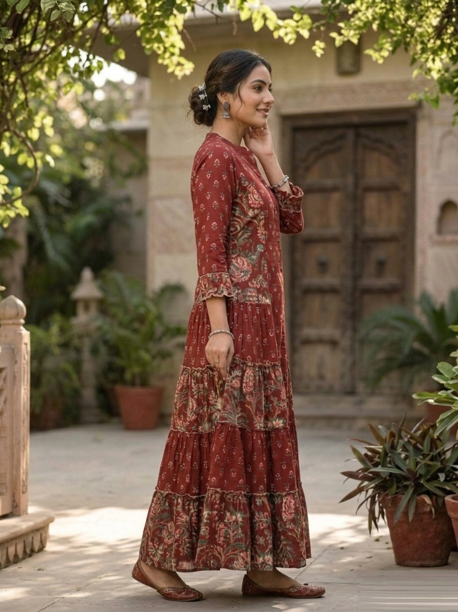 Maroon Layered Cotton Ensemble Frock Suit side view highlighting beautiful layered drape, rich maroon tone and lightweight cotton ensemble | Jiashaanti