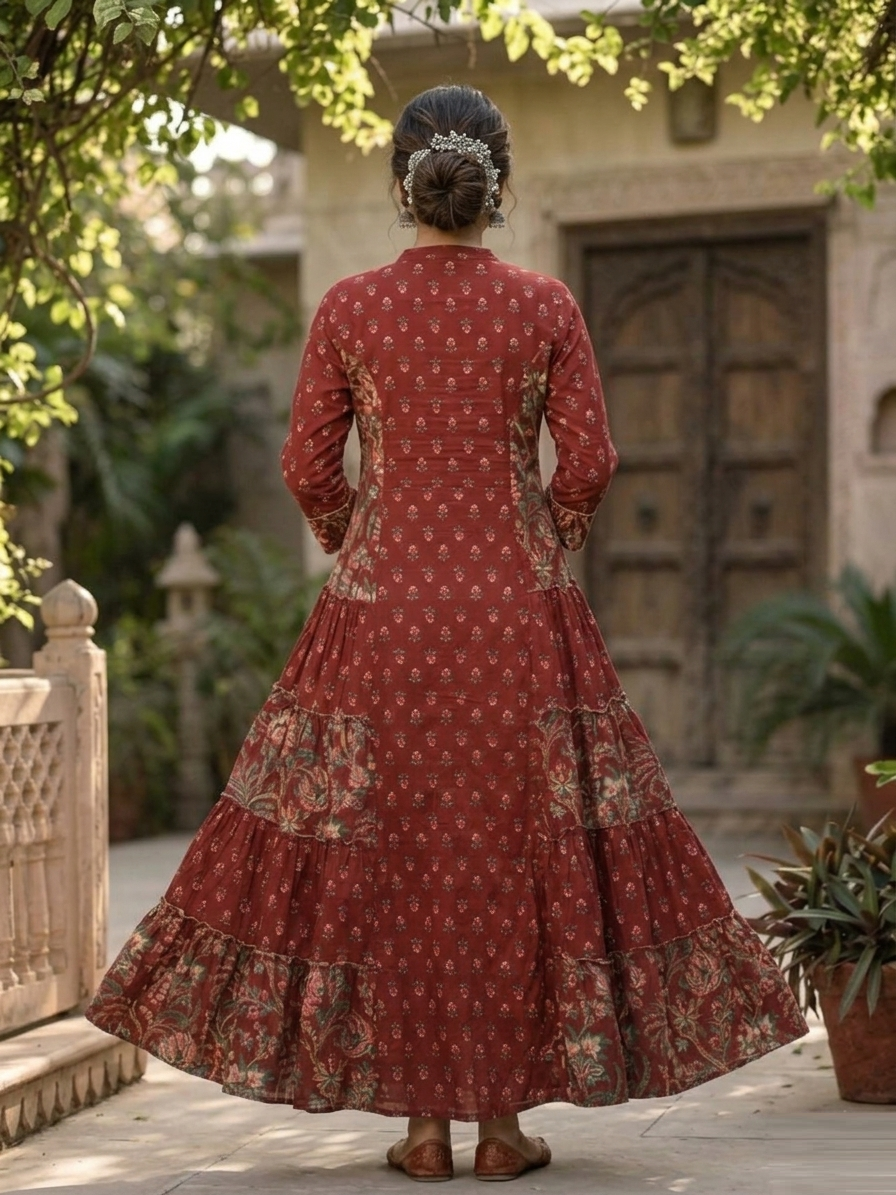 Maroon Layered Cotton Ensemble Frock Suit back view showcasing graceful layered detailing, deep maroon hues and flowing cotton fabric | Jiashaanti