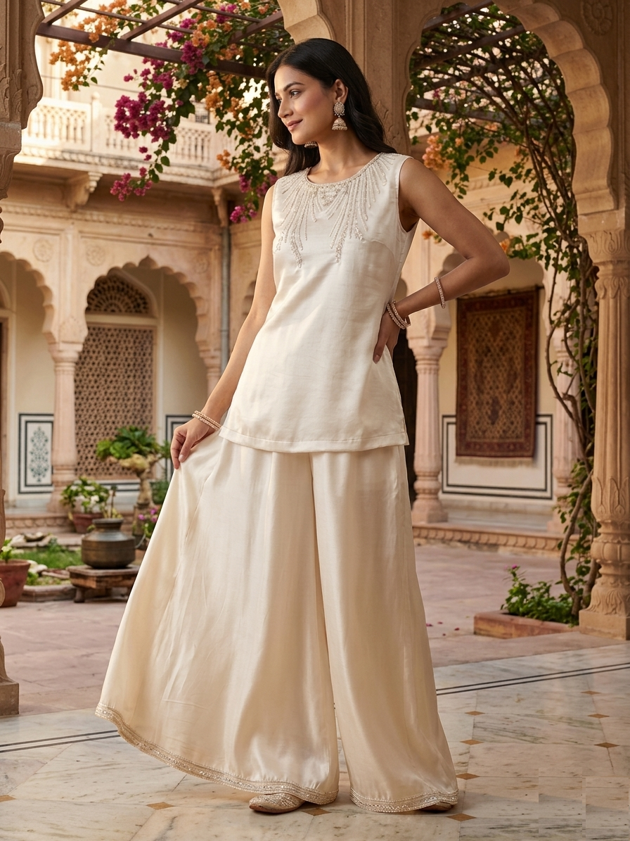 Monochromatic Lustrous Cream Satin Silk Co-ord Set front view featuring smooth satin silk fabric, elegant cream tone and effortless monochromatic style | Jiashaanti