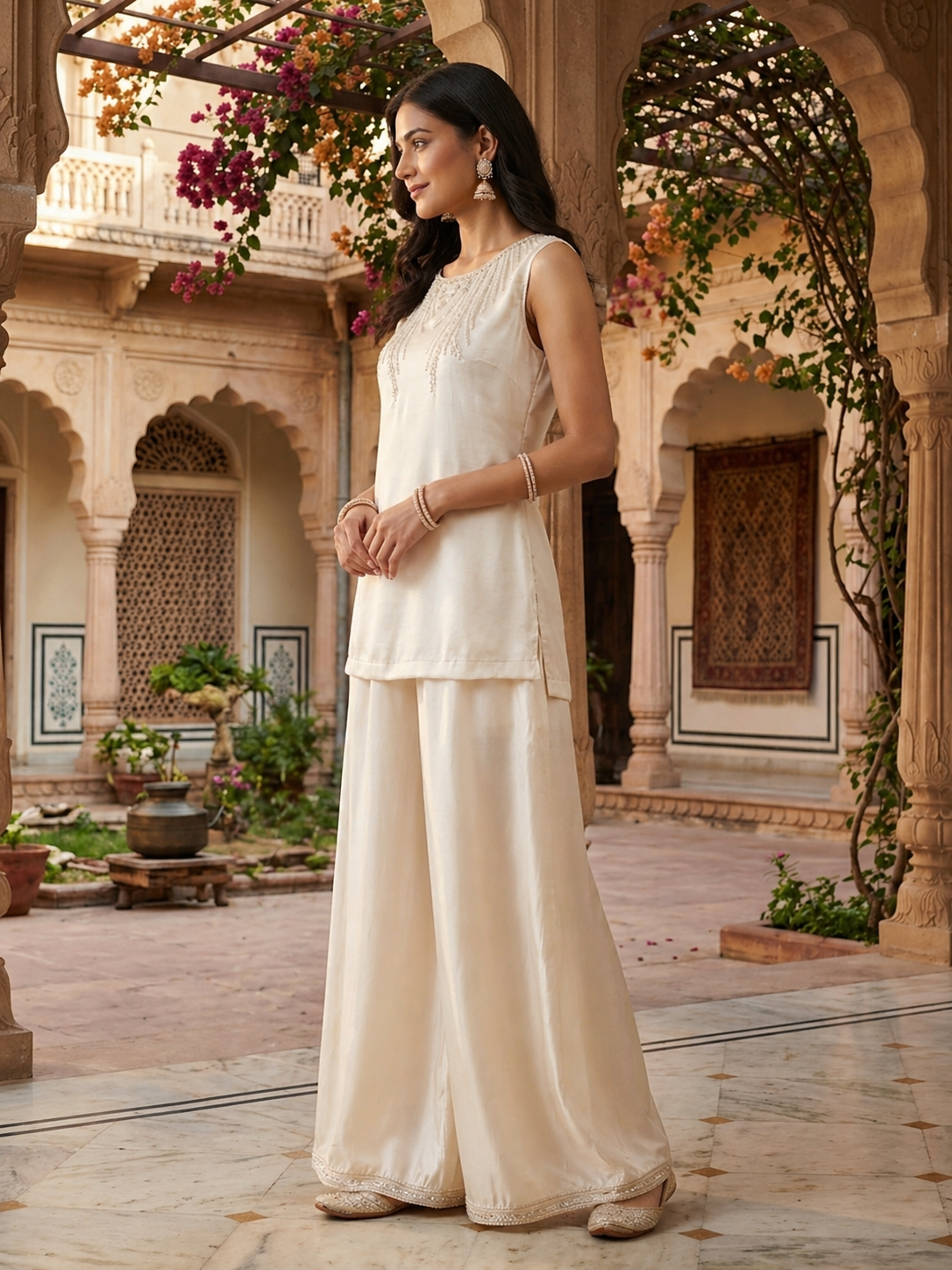 Monochromatic Lustrous Cream Satin Silk Co-ord Set side view highlighting silky smooth drape, rich cream hues and premium satin silk fabric | Jiashaanti