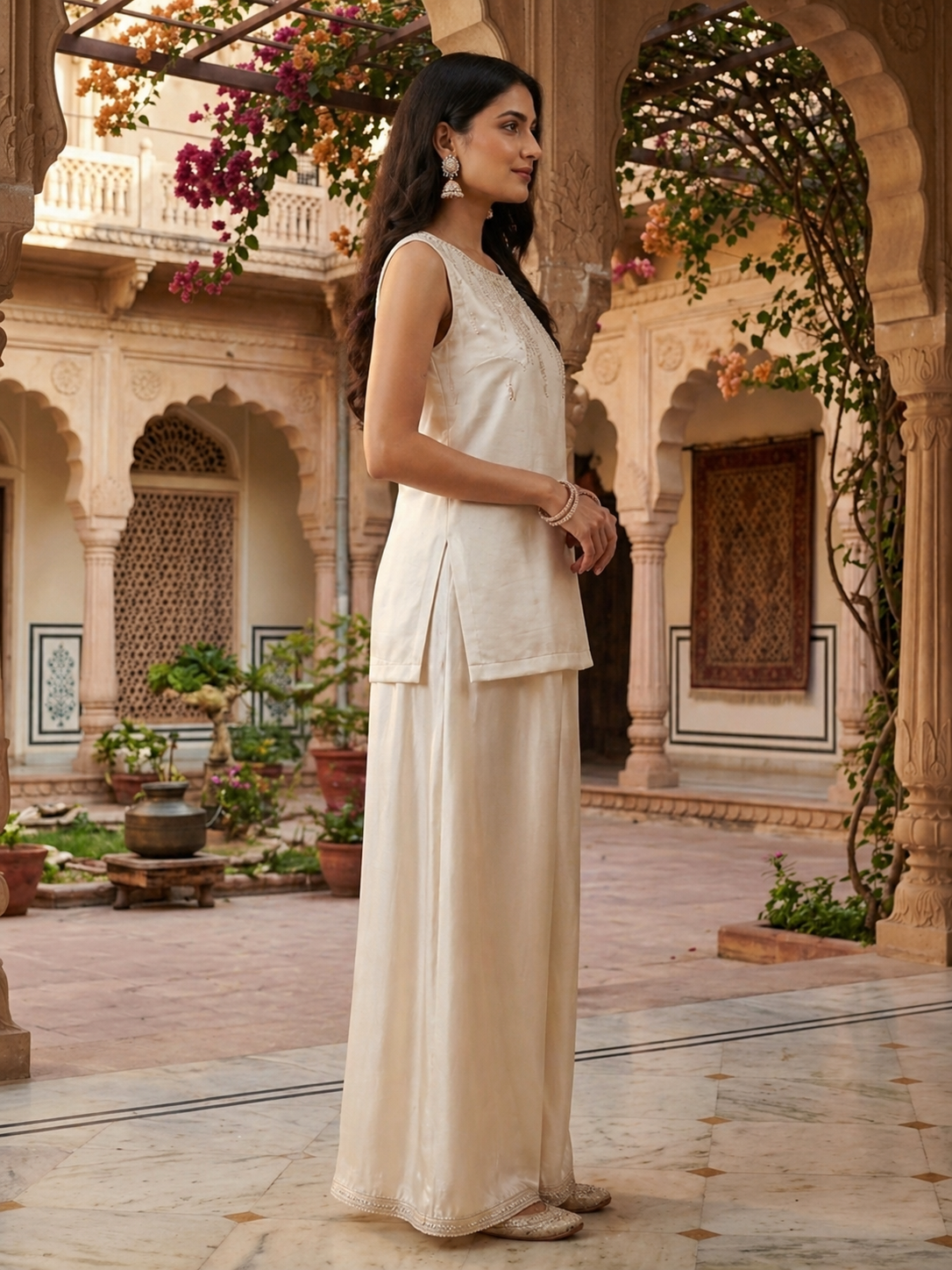 Monochromatic Lustrous Cream Satin Silk Co-ord Set side view highlighting silky smooth drape, rich cream hues and premium satin silk fabric | Jiashaanti