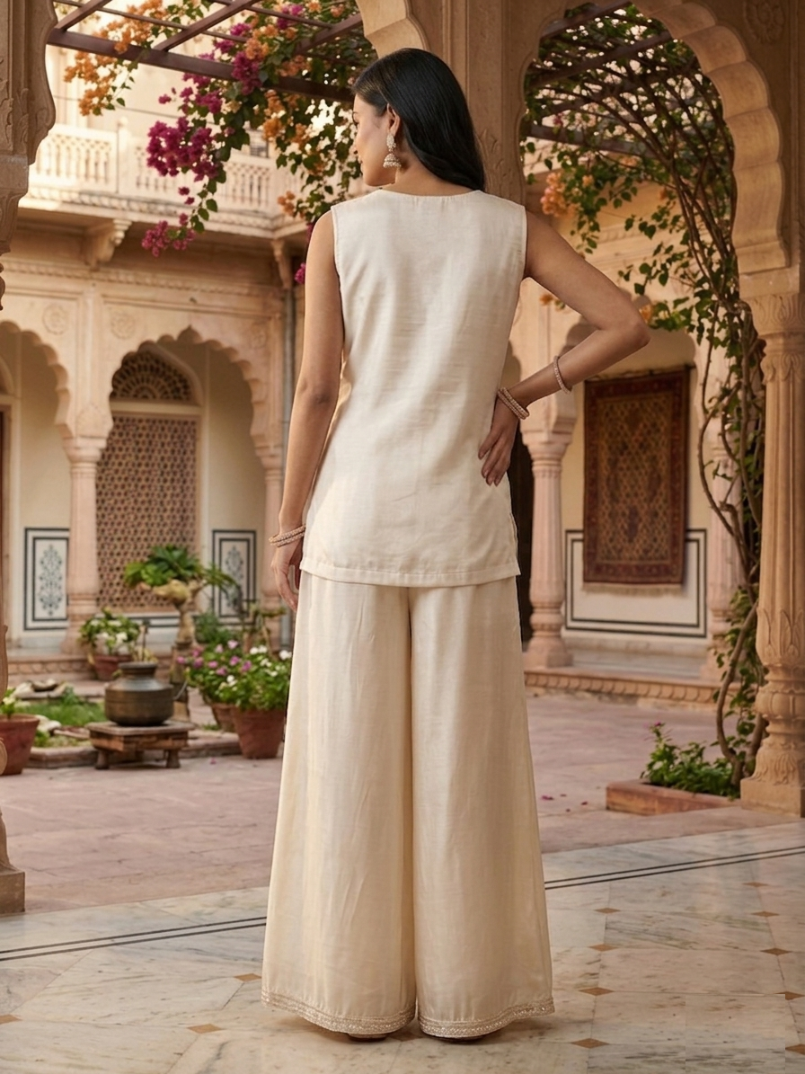 Monochromatic Lustrous Cream Satin Silk Co-ord Set back view showcasing lustrous satin silk texture, clean cream silhouette and refined ethnic co-ord detailing | Jiashaanti