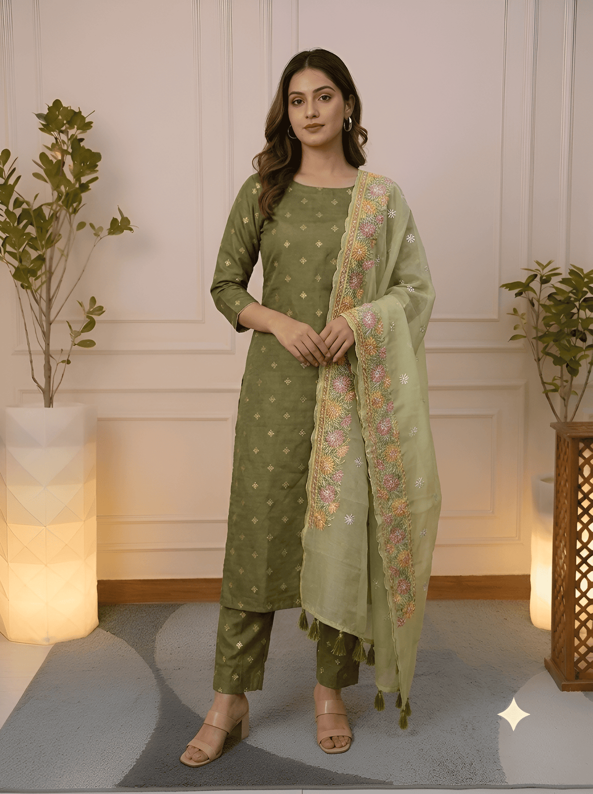 Moss Green Booti Silk Cotton Suit Set – Front View – Jiashaanti
