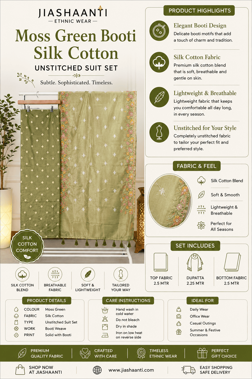 Moss Green Silk Cotton Suit Set Fabric Texture – Jiashaanti

