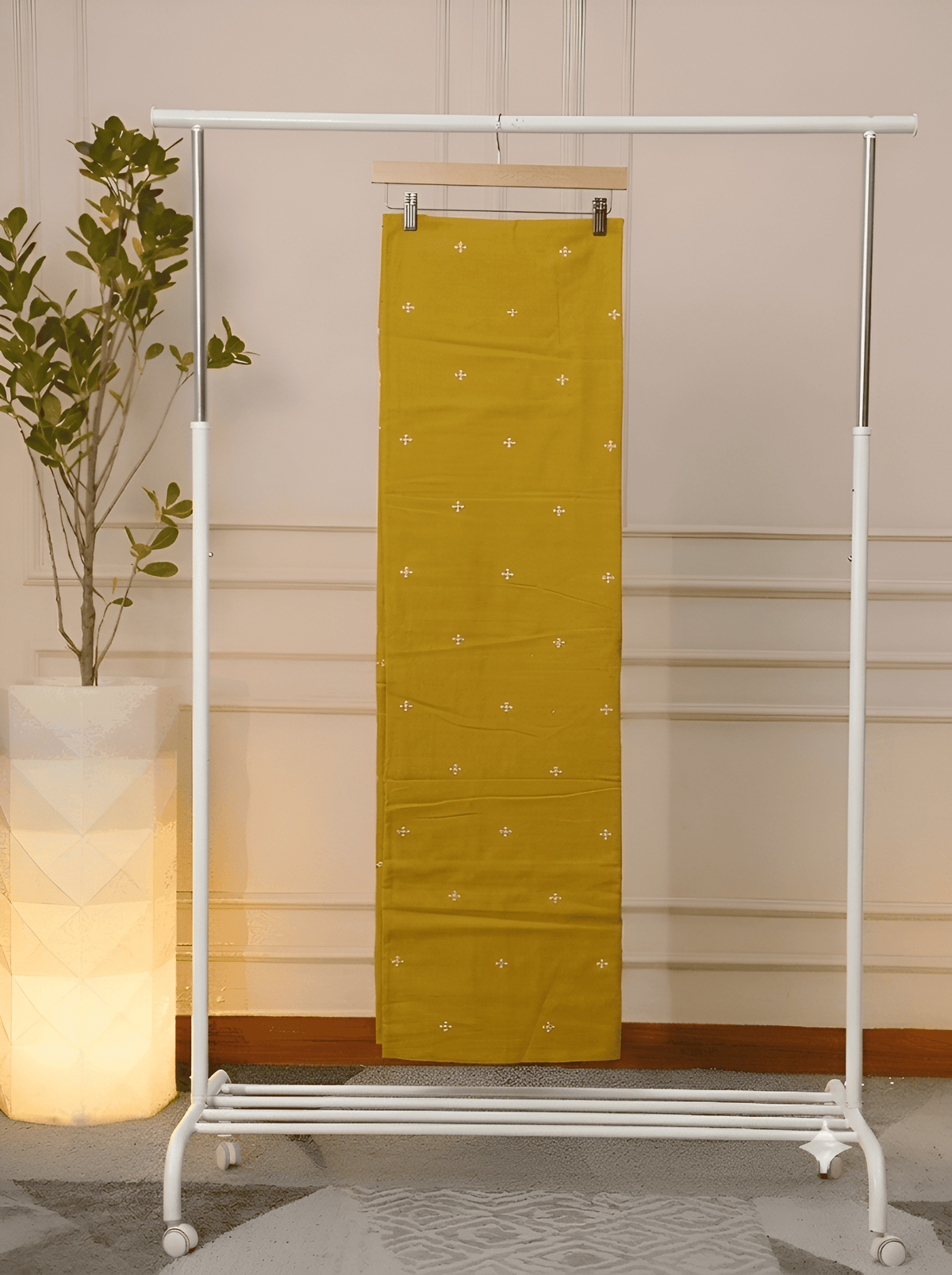 bright mustard fabric with small white booti prints. Pure cotton, breathable, stitch it your way.