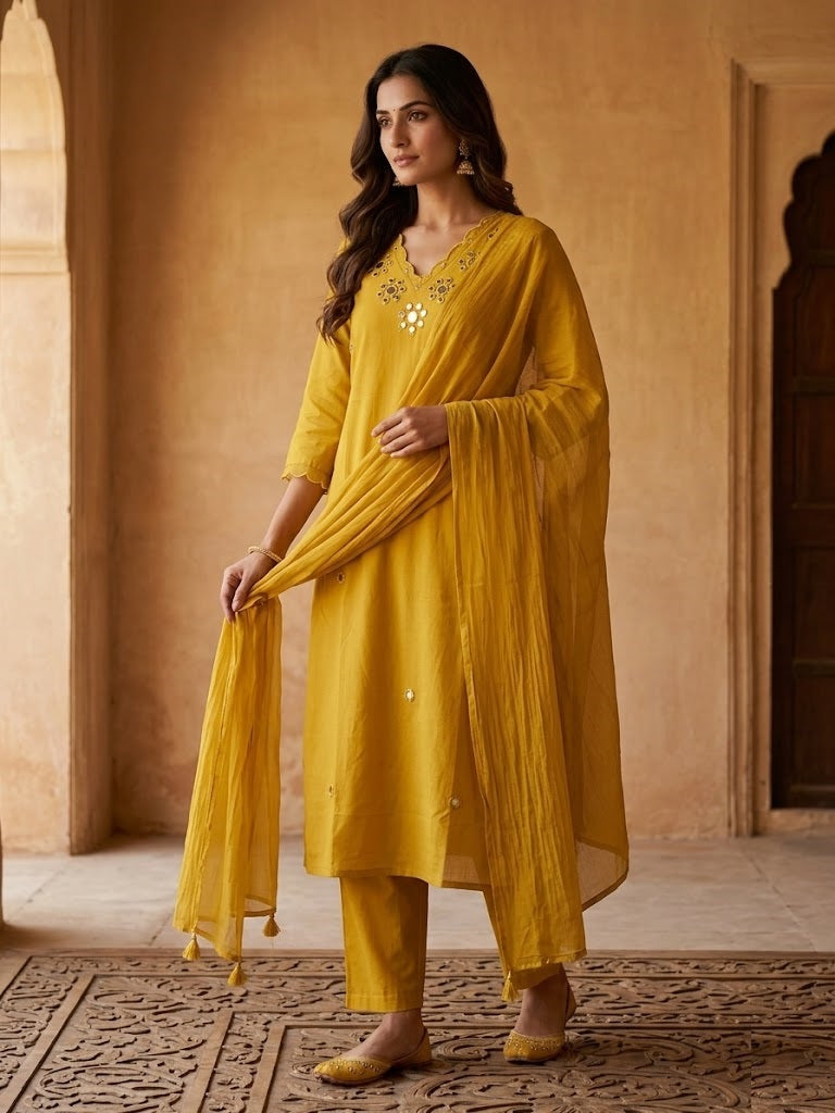 Mustard yellow 3-piece cotton-silk mirror work suit set with mirror embroidery kurta matching pants and dupatta for women