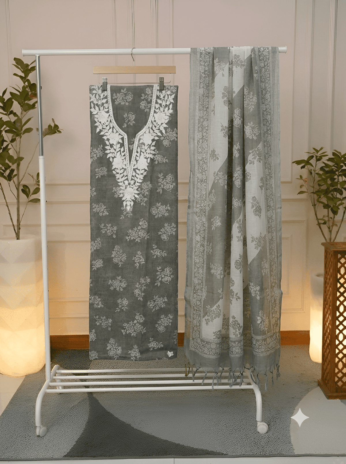 Olive grey floral print unstitched suit set with ivory hand-embroidered neckline – Jiashaanti
