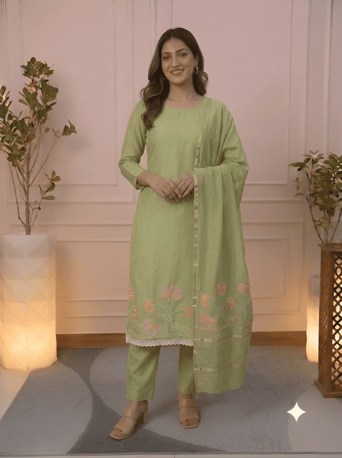 Pastel Green Hand-Painted Floral Silk Cotton Unstitched Suit Set – Front View – Jiashaanti
