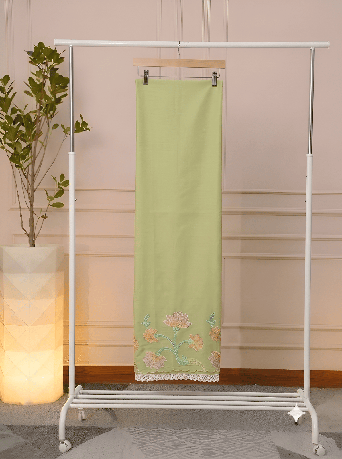 Hand-Painted Floral Motif on Pastel Green Silk Cotton – Close-up – Jiashaanti
