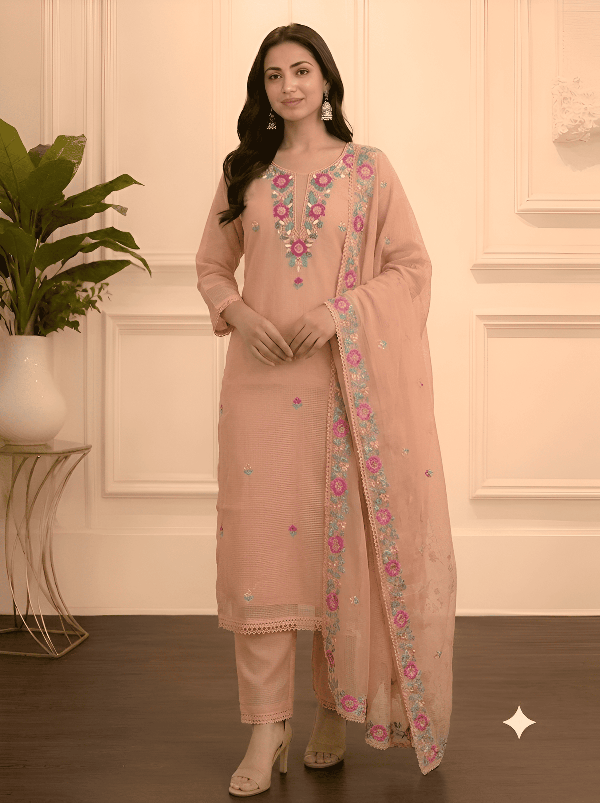 Peach Floral Kota Doria Unstitched Suit Set – Front View – Jiashaanti
