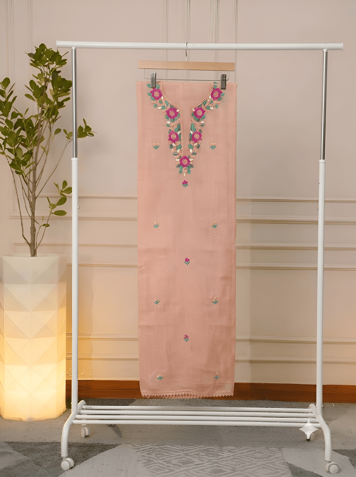 Hand Embroidered Floral Neckline on Peach Kota Doria – Close-up – 